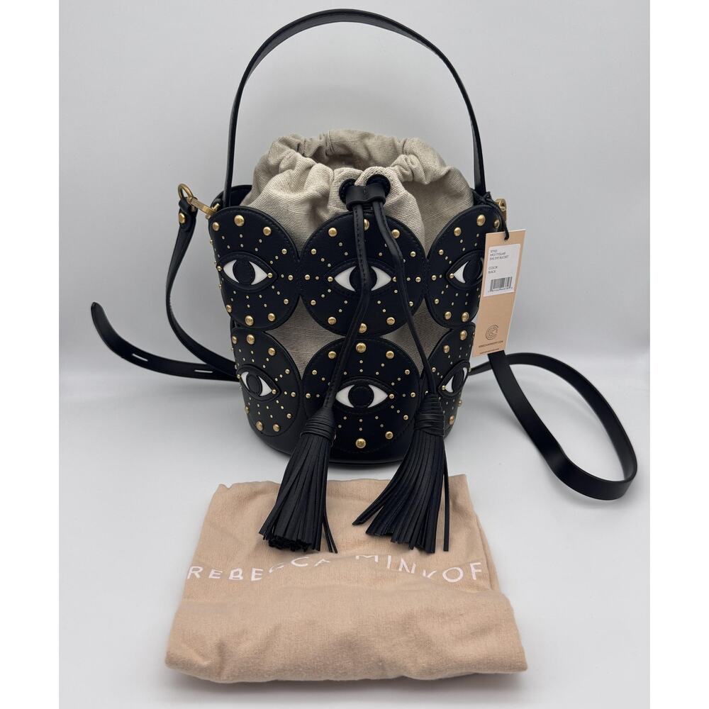 Rebecca Minkoff Evil Eye Bucket Bag Studded Leather Canvas Crossbody Black NEW - Picture 2 of 16
